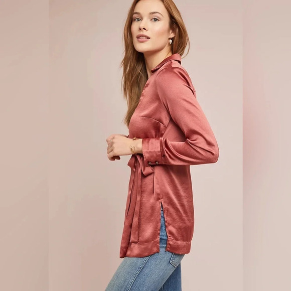 MOULINETTE‎ SOEURS by ANTHROPOLOGIE Satin Wrap Blouse in Peach Peche - Picture 2 of 14